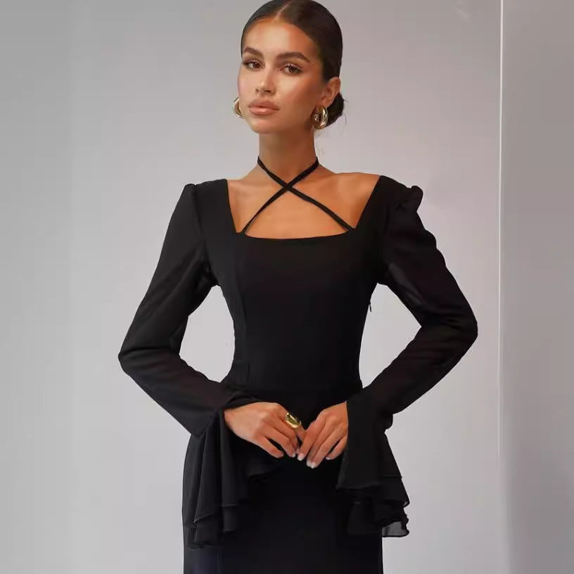 Autumn Square Collar Bell Sleeve Temperament Dress - Bellarte Enchanté Autumn Square Collar Bell Sleeve Temperament Dress