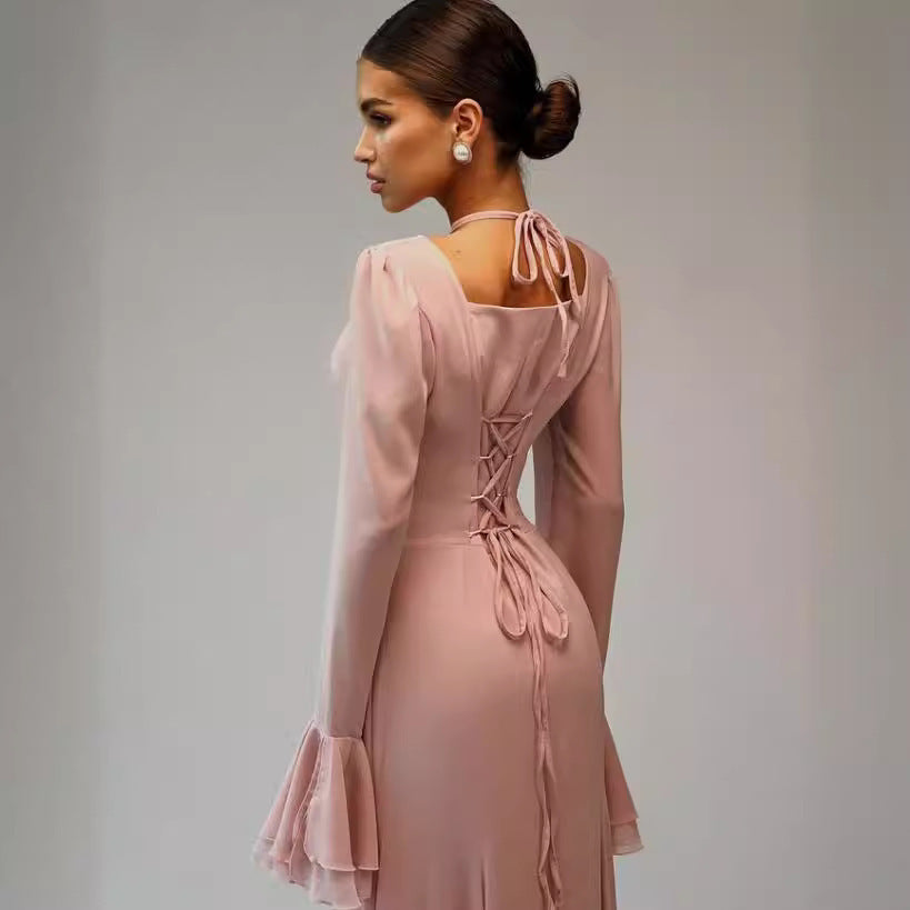 Autumn Square Collar Bell Sleeve Temperament Dress - Bellarte Enchanté Autumn Square Collar Bell Sleeve Temperament Dress