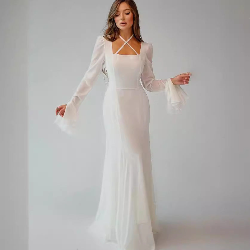 Autumn Square Collar Bell Sleeve Temperament Dress - Bellarte Enchanté Autumn Square Collar Bell Sleeve Temperament Dress