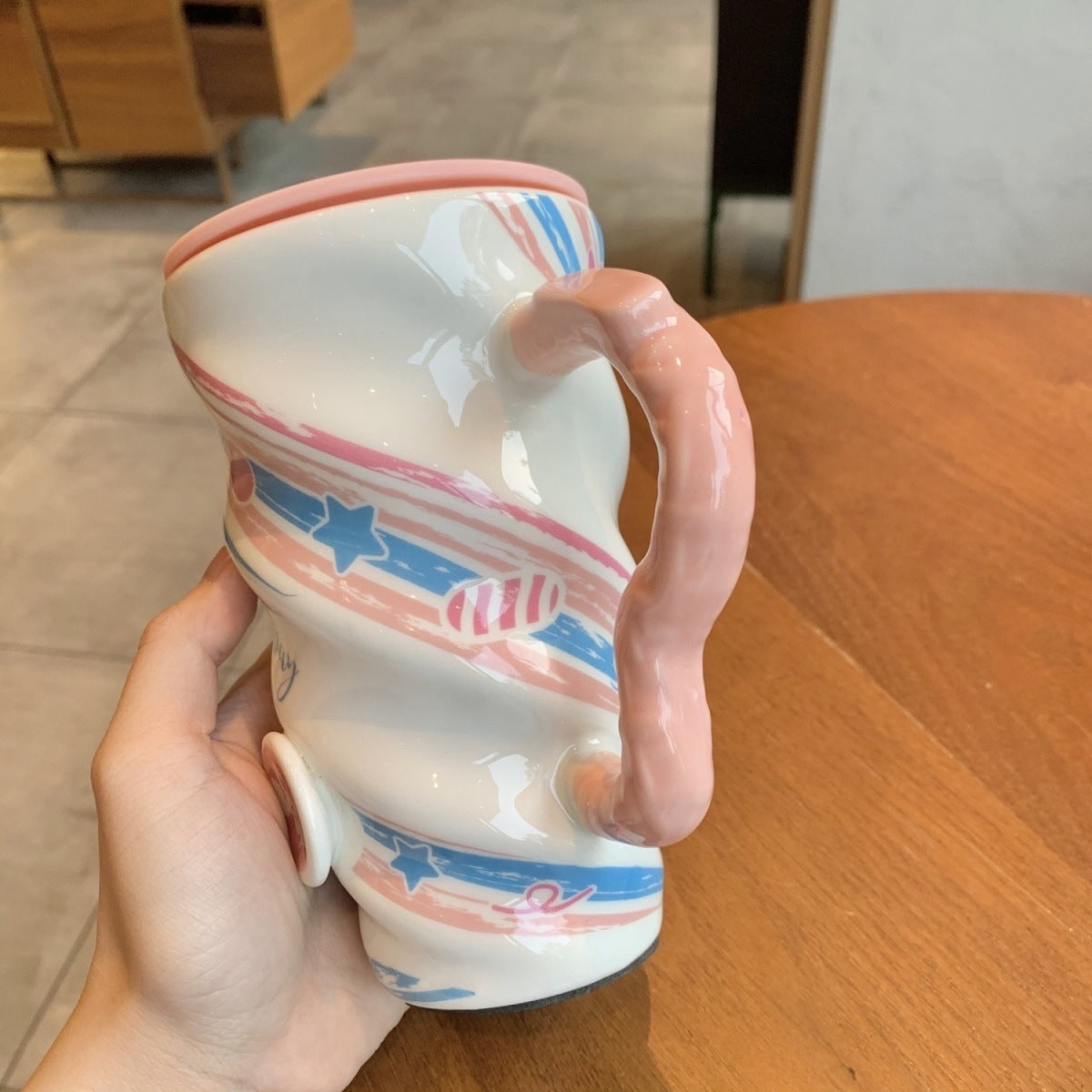 Candy Flamingo Ceramic Cup With Lid And Stainless Steel Spoon