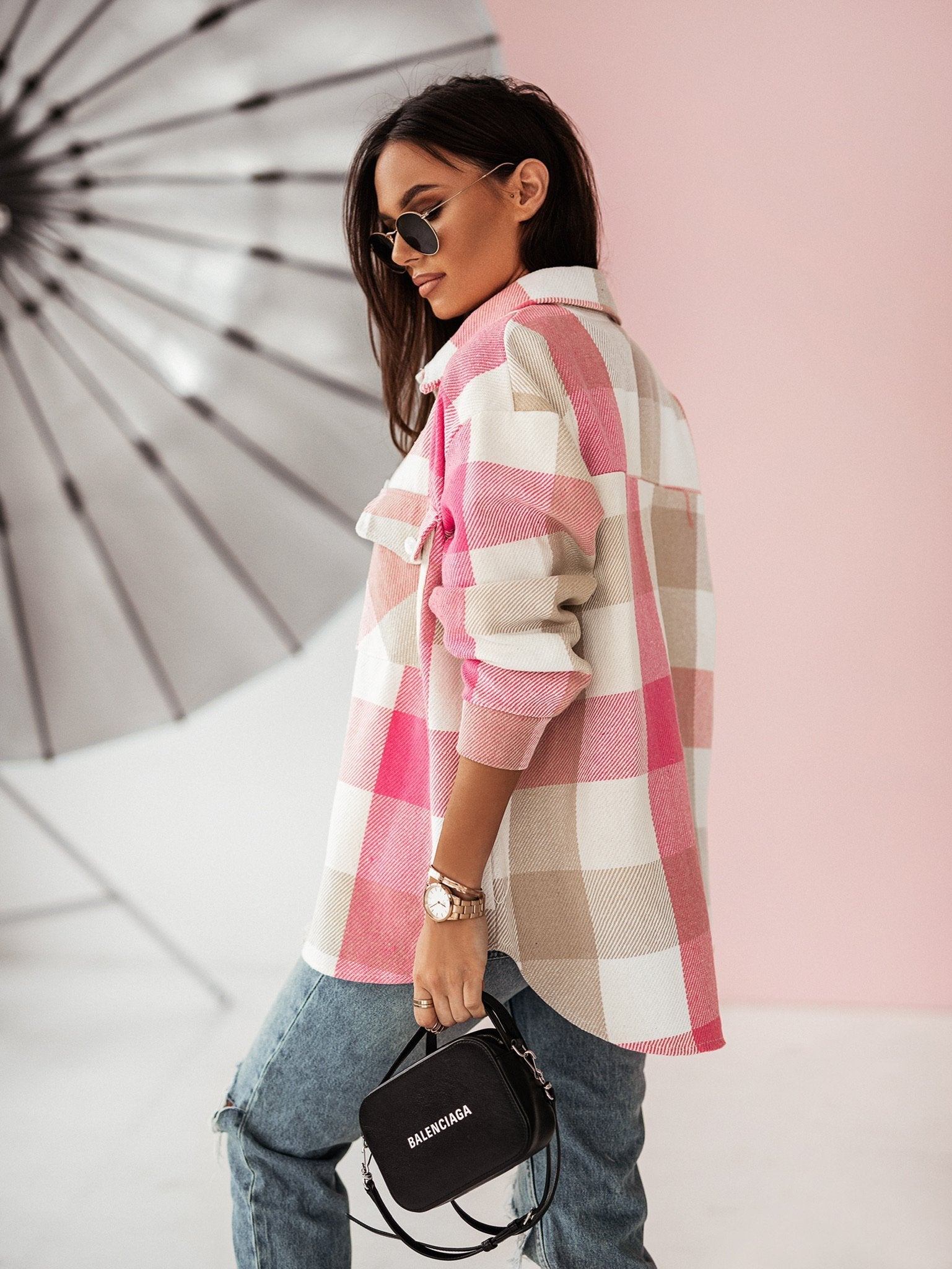 Women's Fashionable Color Plaid Shirt Brushed Woolen Coat