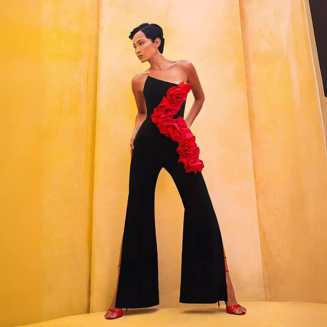 Bandage Fashion Tube Top Red Applique Wide Leg Jumpsuit - Bellarte Enchanté Bandage Fashion Tube Top Red Applique Wide Leg Jumpsuit
