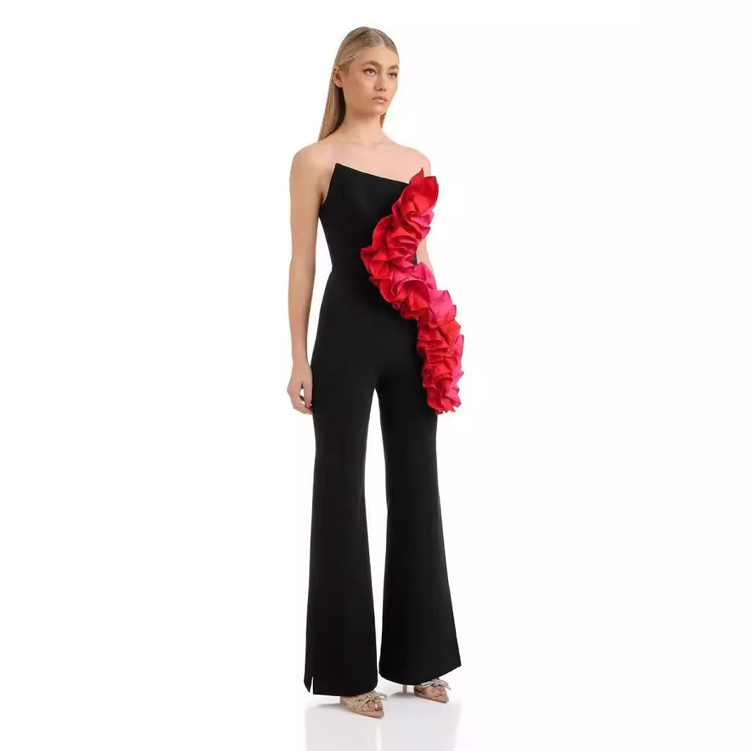 Bandage Fashion Tube Top Red Applique Wide Leg Jumpsuit - Bellarte Enchanté Bandage Fashion Tube Top Red Applique Wide Leg Jumpsuit