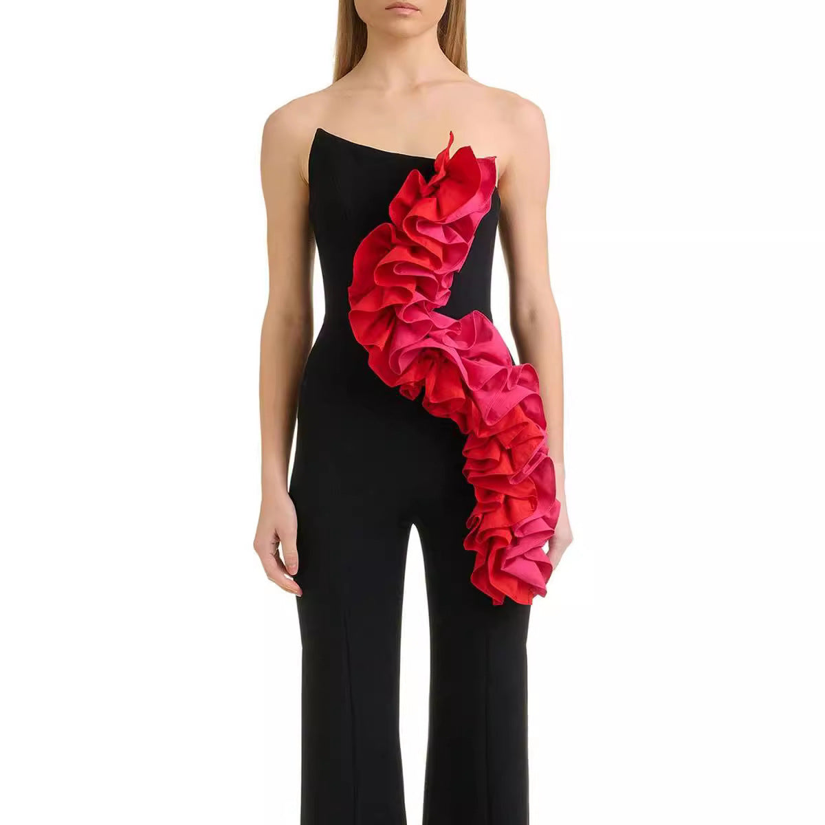 Bandage Fashion Tube Top Red Applique Wide Leg Jumpsuit - Bellarte Enchanté Bandage Fashion Tube Top Red Applique Wide Leg Jumpsuit