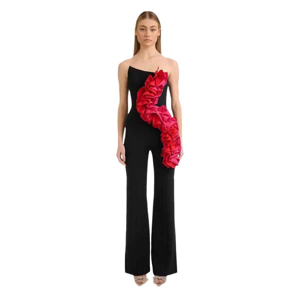 Bandage Fashion Tube Top Red Applique Wide Leg Jumpsuit - Bellarte Enchanté Bandage Fashion Tube Top Red Applique Wide Leg Jumpsuit
