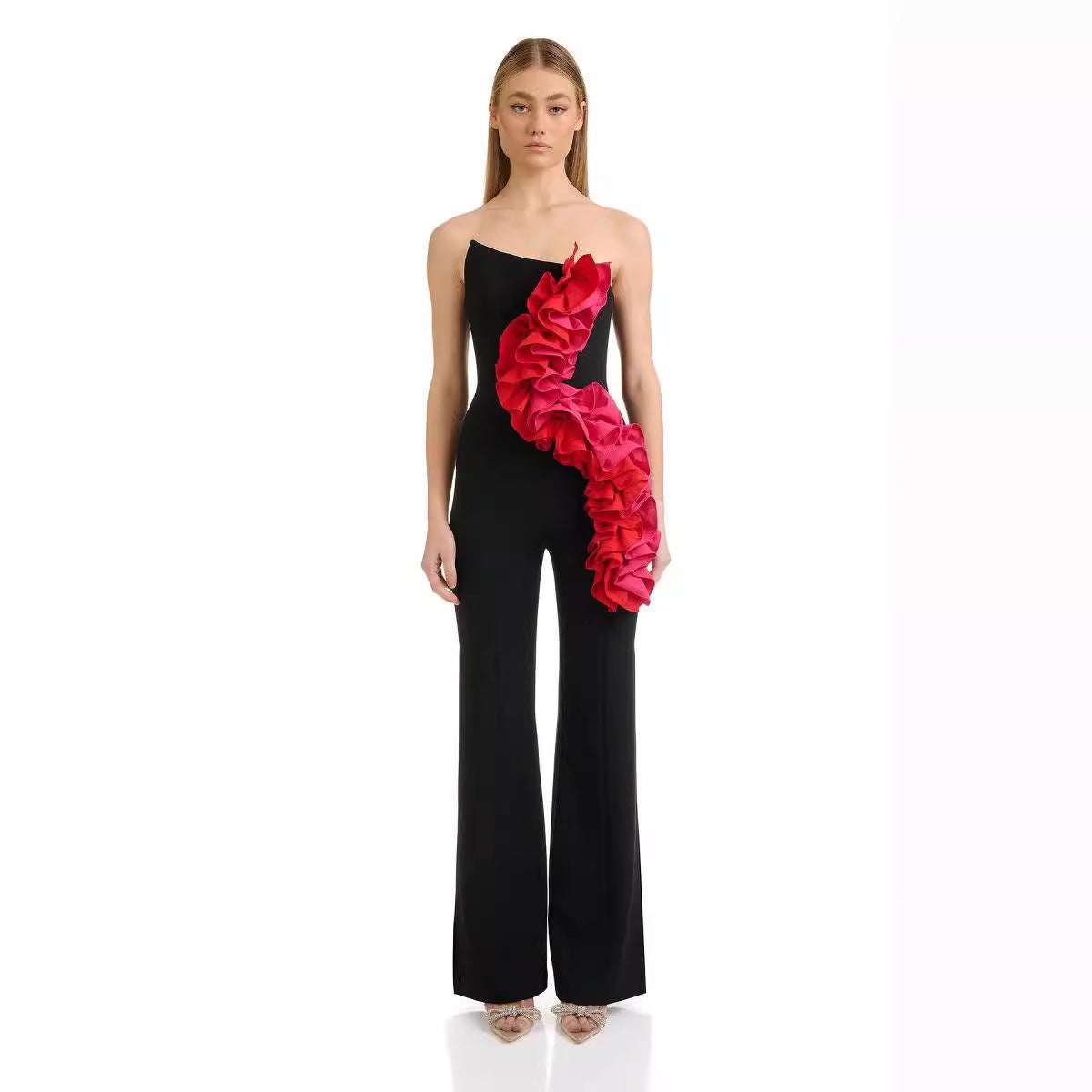 Bandage Fashion Tube Top Red Applique Wide Leg Jumpsuit - Bellarte Enchanté Bandage Fashion Tube Top Red Applique Wide Leg Jumpsuit