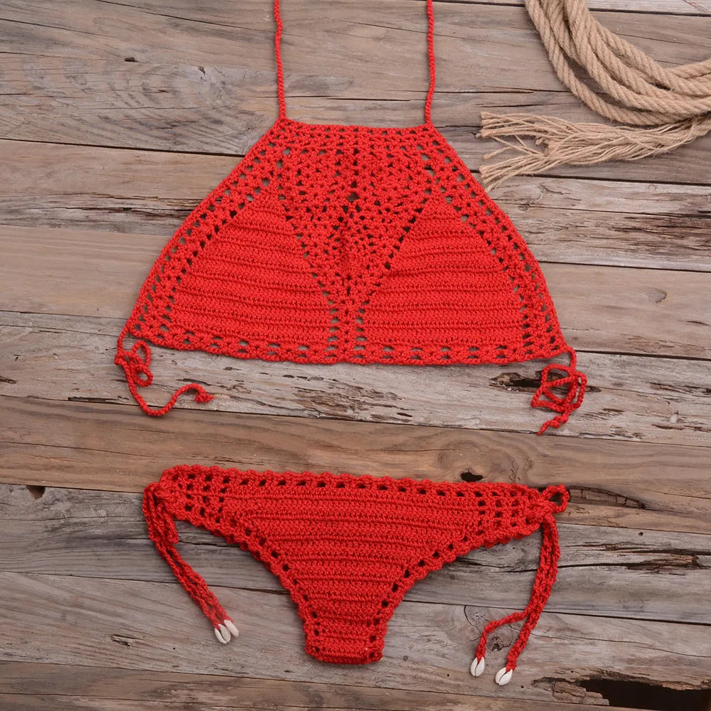 Beach Bikini Sexy Pure Hand Hook Braided Hollowed Out Split Swimsuit Set - Bellarte Enchanté Beach Bikini Sexy Pure Hand Hook Braided Hollowed Out Split Swimsuit Set