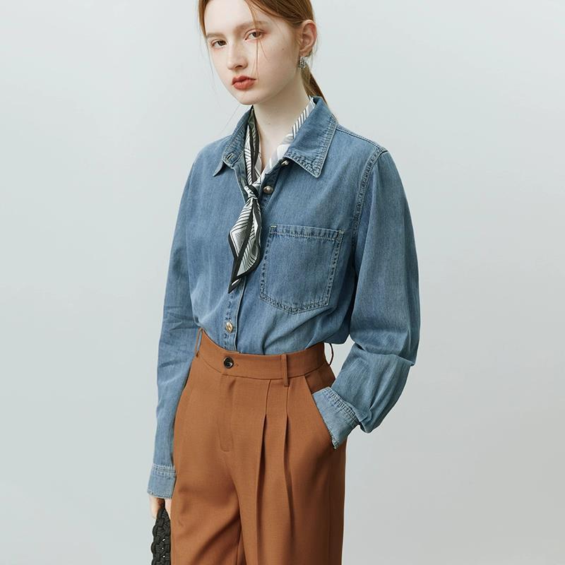 Blue Soft Denim Shirt Jacket Women's Long Sleeve Bandage Dress Top - Bellarte Enchanté Blue Soft Denim Shirt Jacket Women's Long Sleeve Bandage Dress Top