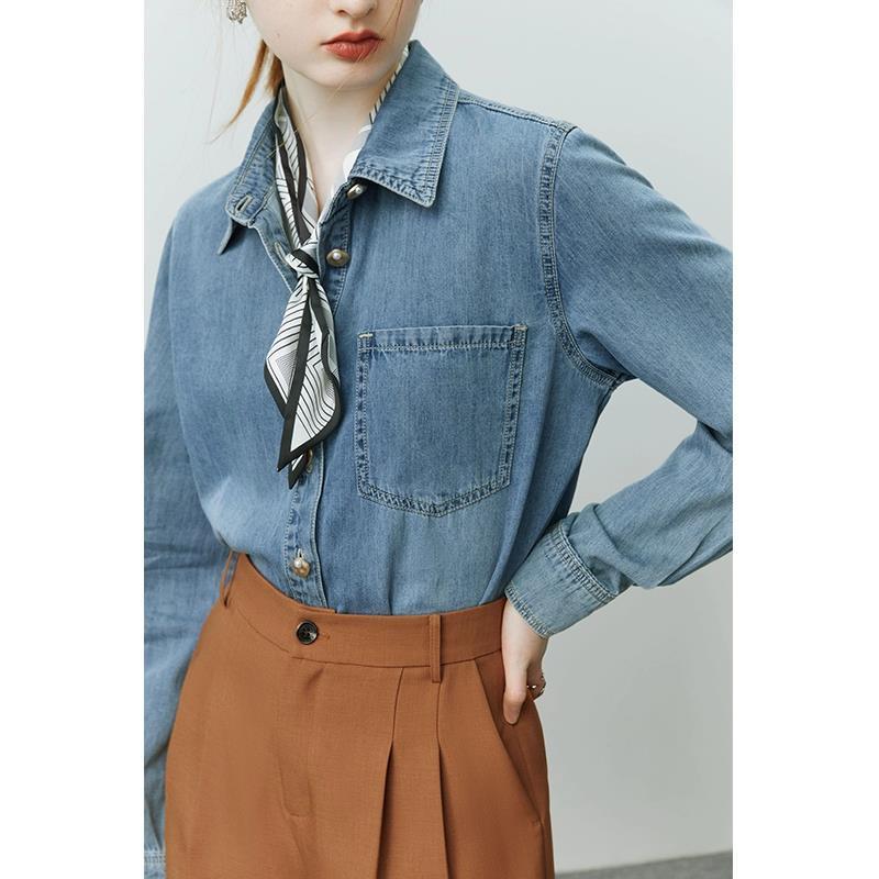 Blue Soft Denim Shirt Jacket Women's Long Sleeve Bandage Dress Top - Bellarte Enchanté Blue Soft Denim Shirt Jacket Women's Long Sleeve Bandage Dress Top