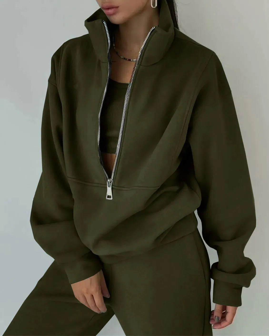 Stand Collar Suit Zip Up Crop Sportswear Long Sleeve Sweatshirt And Trousers For Spring Fall Women's Clothing - Bella Enchanté