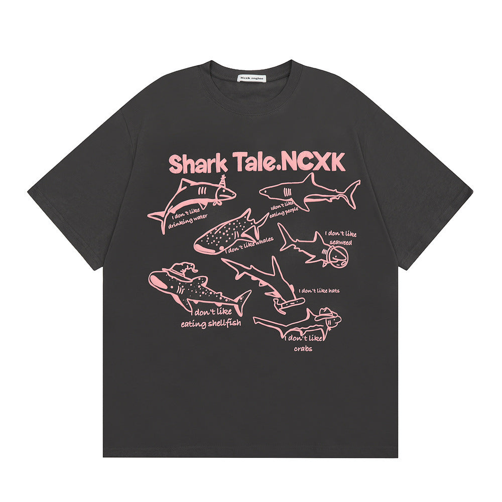 Cartoon Shark Line Printed T-shirt Loose Men And Women - Bellarte Enchanté Cartoon Shark Line Printed T-shirt Loose Men And Women