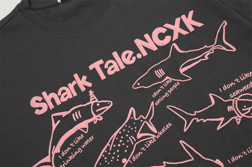 Cartoon Shark Line Printed T-shirt Loose Men And Women - Bellarte Enchanté Cartoon Shark Line Printed T-shirt Loose Men And Women