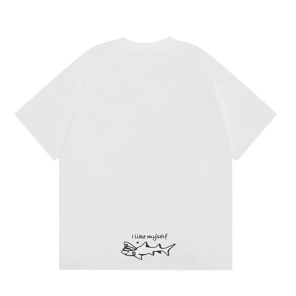 Cartoon Shark Line Printed T-shirt Loose Men And Women - Bellarte Enchanté Cartoon Shark Line Printed T-shirt Loose Men And Women