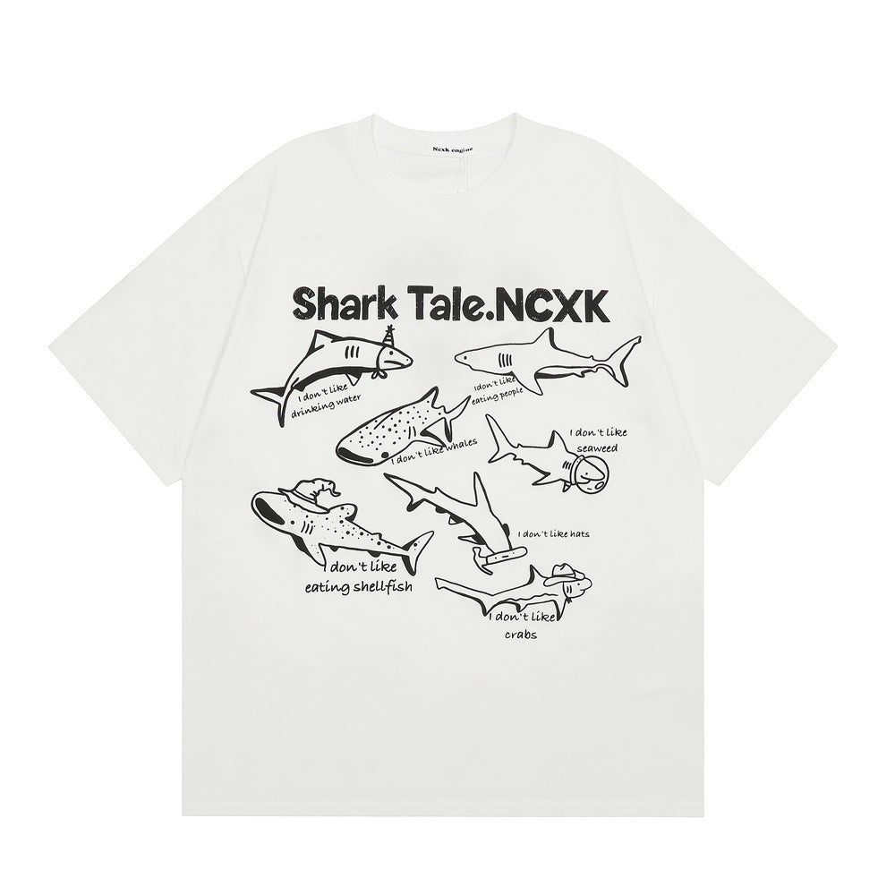 Cartoon Shark Line Printed T-shirt Loose Men And Women - Bellarte Enchanté Cartoon Shark Line Printed T-shirt Loose Men And Women