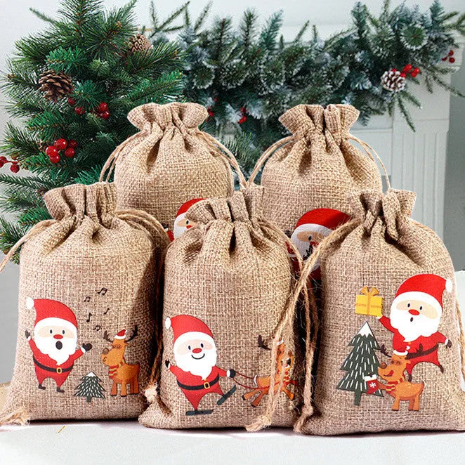 Christmas Pattern Coarse Linen Not Drawstring Pull String Drawstring Sack - Bellarte Enchanté Christmas Pattern Coarse Linen Not Drawstring Pull String Drawstring Sack