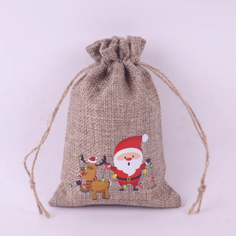 Christmas Pattern Coarse Linen Not Drawstring Pull String Drawstring Sack - Bellarte Enchanté Christmas Pattern Coarse Linen Not Drawstring Pull String Drawstring Sack