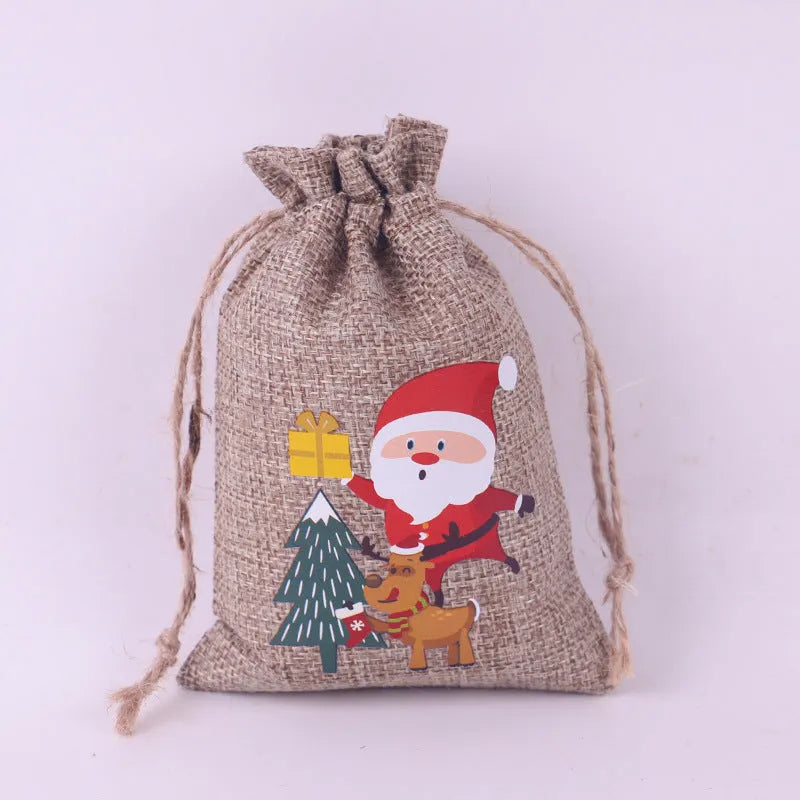 Christmas Pattern Coarse Linen Not Drawstring Pull String Drawstring Sack - Bellarte Enchanté Christmas Pattern Coarse Linen Not Drawstring Pull String Drawstring Sack