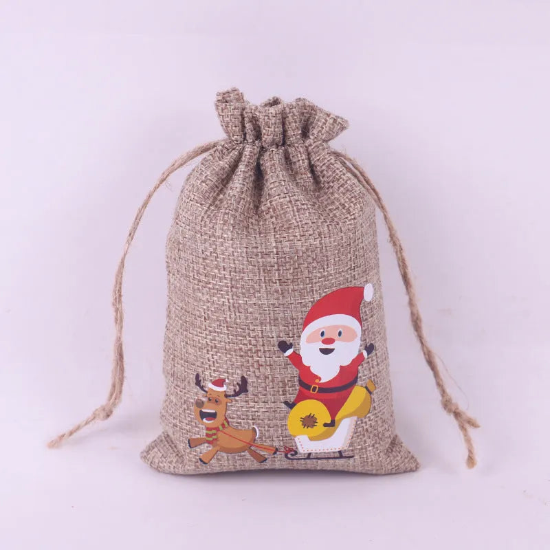 Christmas Pattern Coarse Linen Not Drawstring Pull String Drawstring Sack - Bellarte Enchanté Christmas Pattern Coarse Linen Not Drawstring Pull String Drawstring Sack