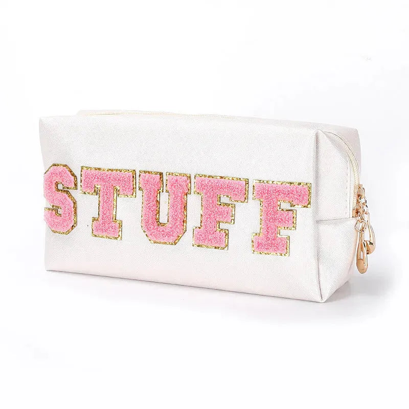 Colorful Chenille Five Letters Pu Waterproof Large Cosmetic Bag - Bellarte Enchanté Colorful Chenille Five Letters Pu Waterproof Large Cosmetic Bag