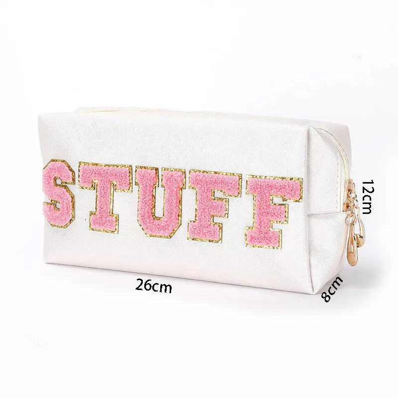 Colorful Chenille Five Letters Pu Waterproof Large Cosmetic Bag - Bellarte Enchanté Colorful Chenille Five Letters Pu Waterproof Large Cosmetic Bag