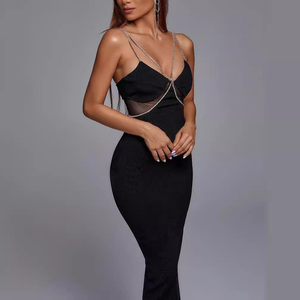 Crystal Drill Chain Straps Tulle Stitched Backless Evening Gown - Bellarte Enchanté Crystal Drill Chain Straps Tulle Stitched Backless Evening Gown