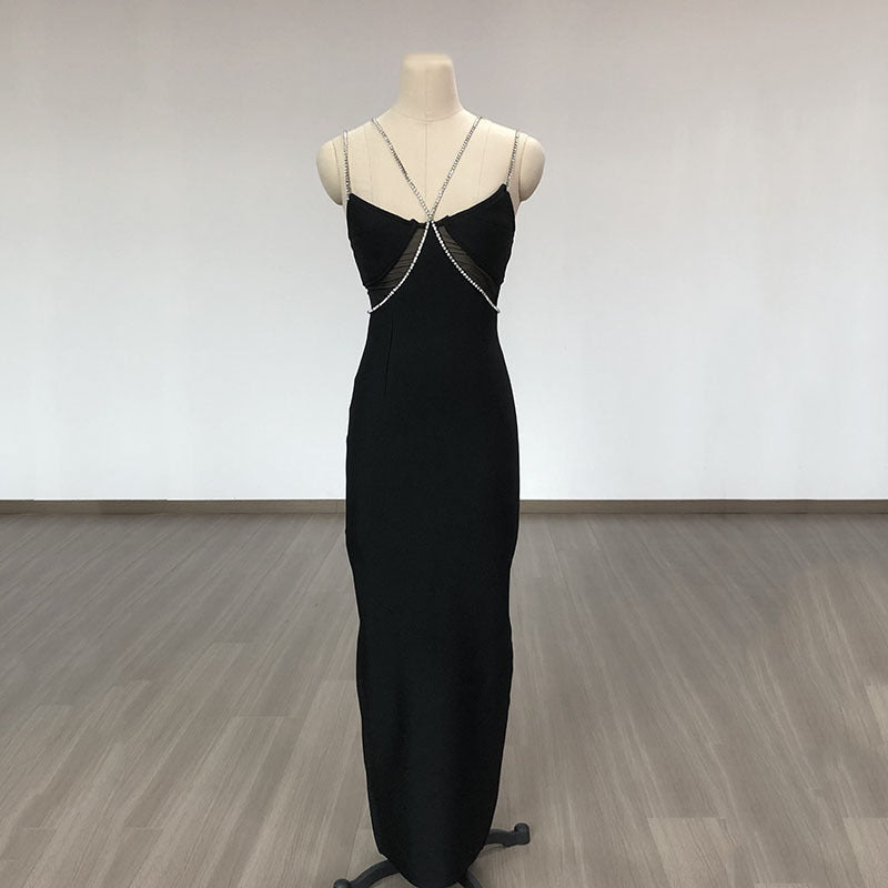 Crystal Drill Chain Straps Tulle Stitched Backless Evening Gown - Bellarte Enchanté Crystal Drill Chain Straps Tulle Stitched Backless Evening Gown