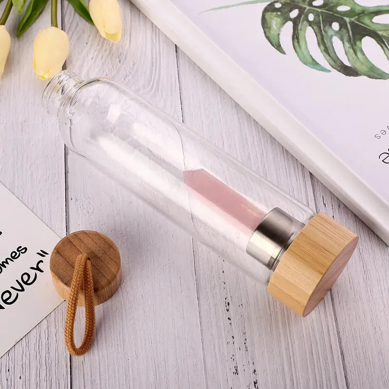 Crystal Infused Elixir Glass & Bamboo Water Bottle - Bellarte Enchanté Crystal Infused Elixir Glass & Bamboo Water Bottle