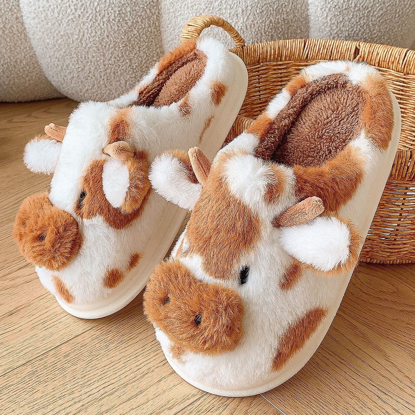 Cute Cartoon Cow Plush Slippers Winter Warm Indoor Bedroom F - Bellarte Enchanté Cute Cartoon Cow Plush Slippers Winter Warm Indoor Bedroom F