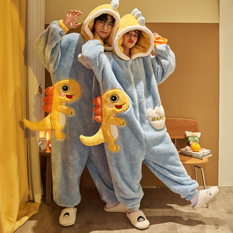 Cute Cartoon Jumpsuit Homewear Couple One-piece Nightgown Coral Fleece Winter Thickened Plush Pajamas For Women Home Clothes - Bellarte Enchanté Cute Cartoon Jumpsuit Homewear Couple One-piece Nightgown Coral Fleece Winter Thickened Plush Pajamas For Women Home Clothes