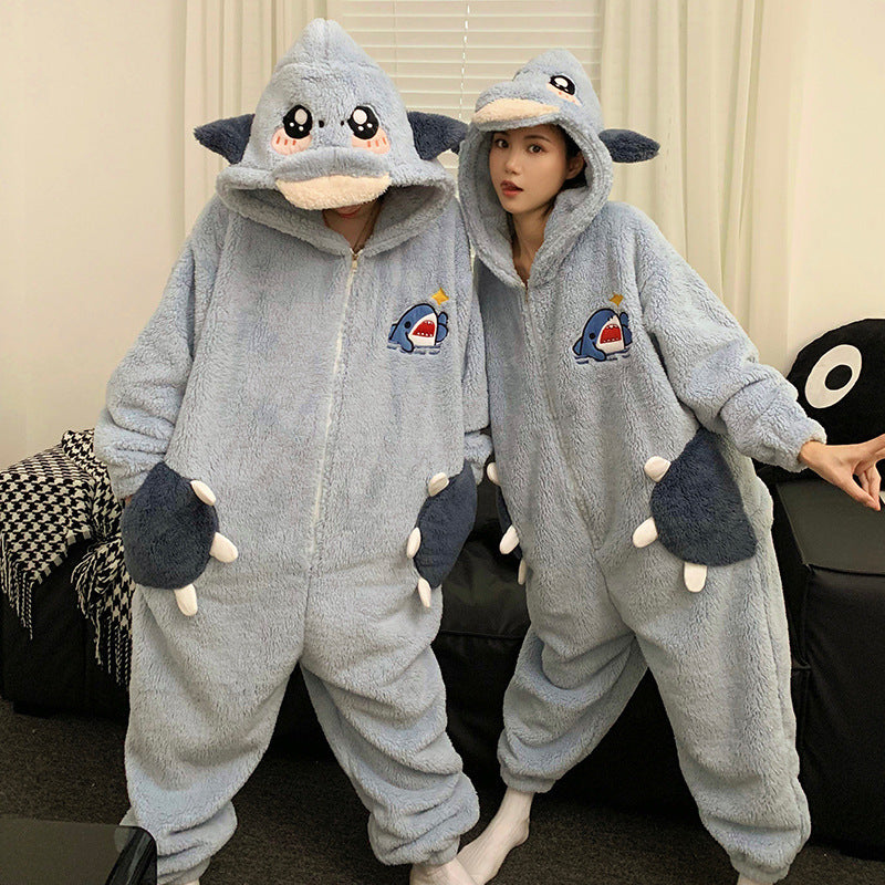 Cute Cartoon Jumpsuit Homewear Couple One-piece Nightgown Coral Fleece Winter Thickened Plush Pajamas For Women Home Clothes - Bellarte Enchanté Cute Cartoon Jumpsuit Homewear Couple One-piece Nightgown Coral Fleece Winter Thickened Plush Pajamas For Women Home Clothes