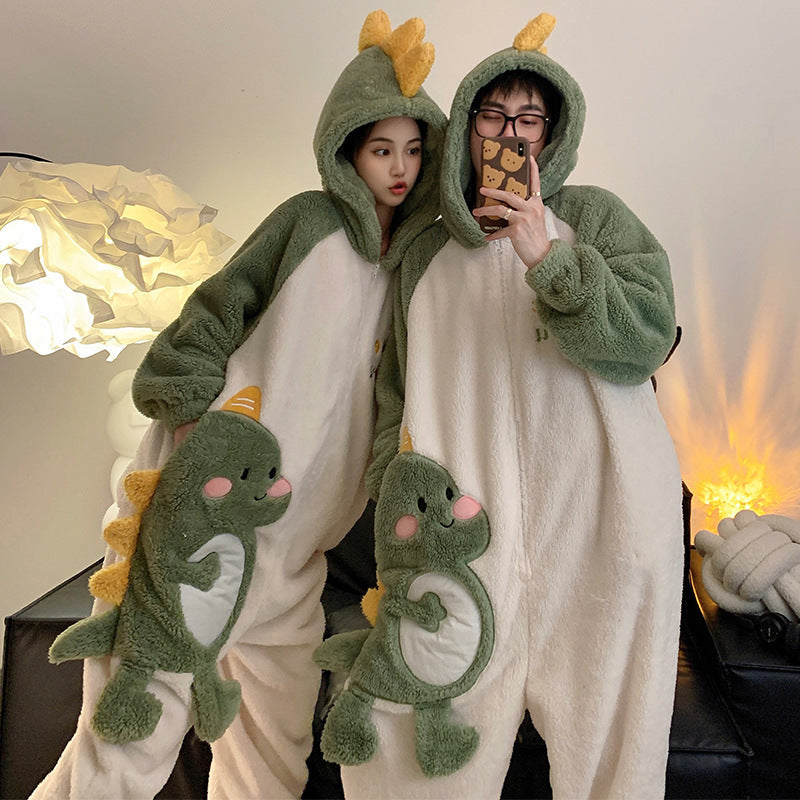 Cute Cartoon Jumpsuit Homewear Couple One-piece Nightgown Coral Fleece Winter Thickened Plush Pajamas For Women Home Clothes - Bellarte Enchanté Cute Cartoon Jumpsuit Homewear Couple One-piece Nightgown Coral Fleece Winter Thickened Plush Pajamas For Women Home Clothes