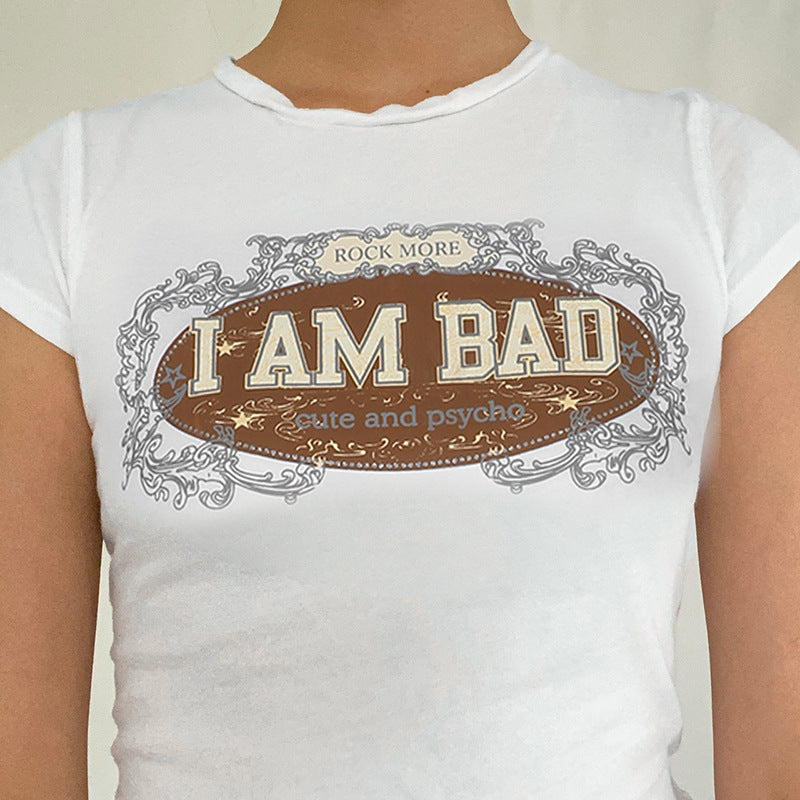 Alphabet Print Crew Neck Short Sleeve Cropped Navel Top