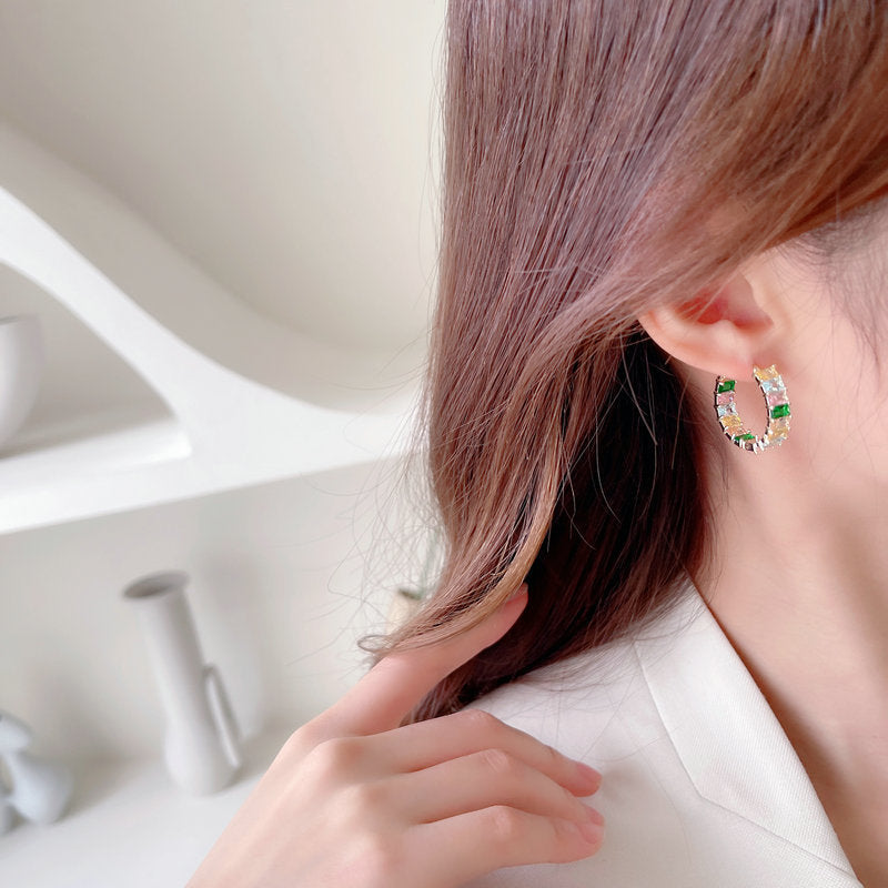 Women's Fashion Rectangular Zirconia Inner And Outer Setting Earrings