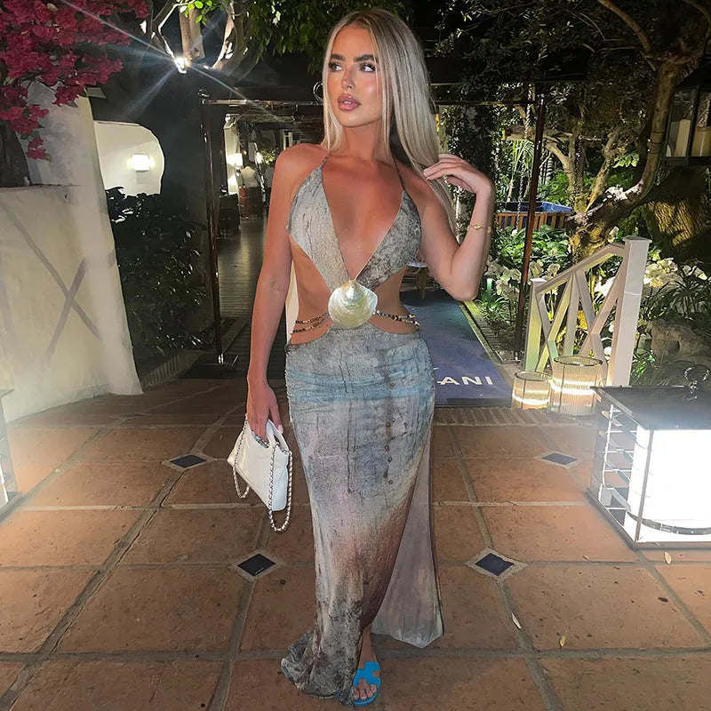 Deep V Girl Halter Lace-up Backless High Waist Dress - Bellarte Enchanté Deep V Girl Halter Lace-up Backless High Waist Dress