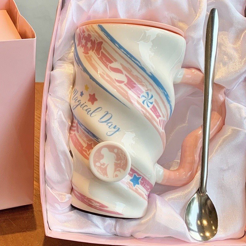 Candy Flamingo Ceramic Cup With Lid And Stainless Steel Spoon