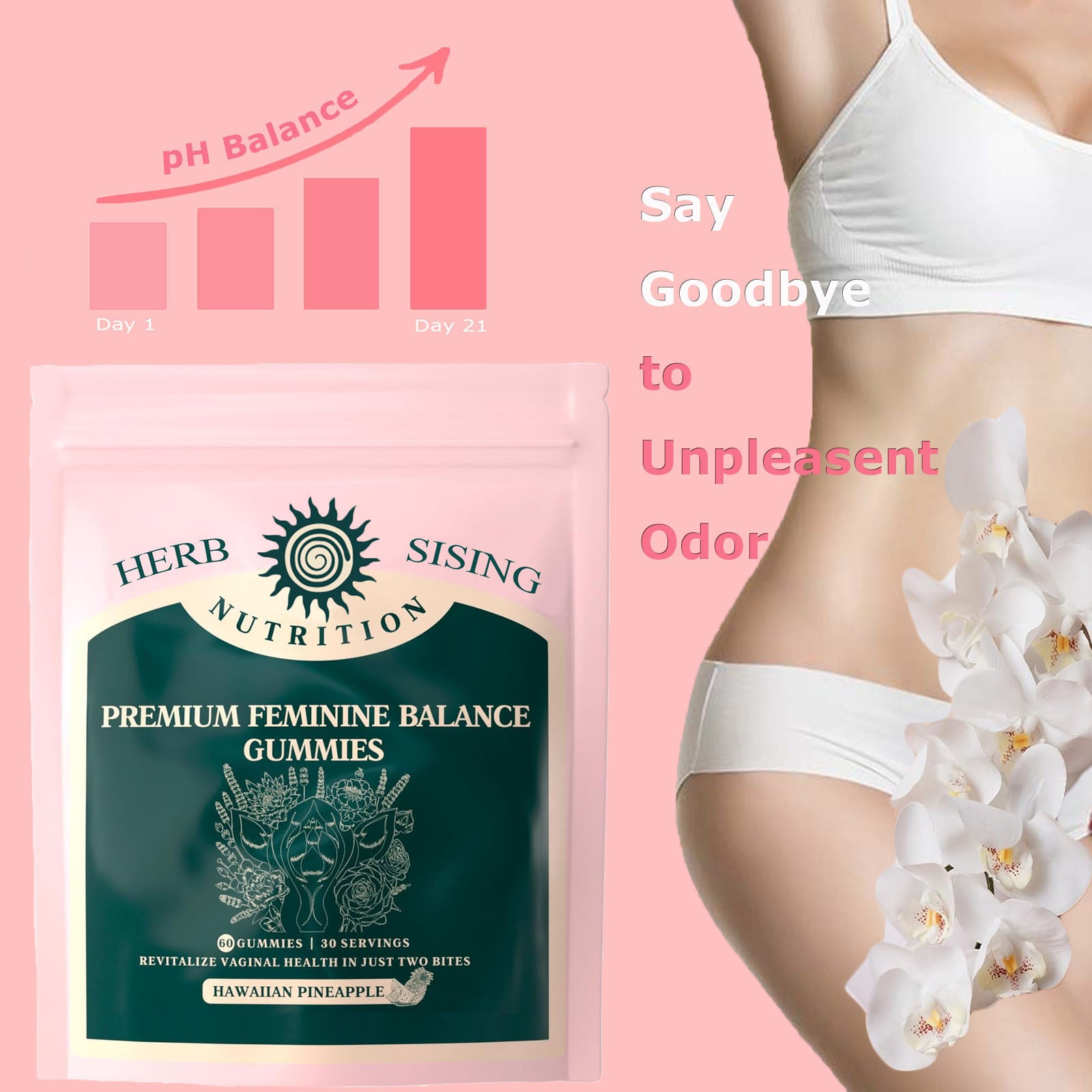 2 X 60 Premium Feminine Balance Gummies For Women's Vital Health, Wellness And Immune Support, Hawaiian Pineapple Flavor, Vegan, Gluten-Free & Halal, 30 Servings