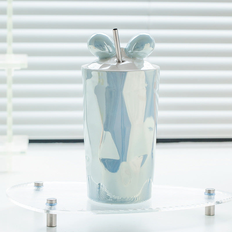 Double-layer Straw Bow Girl Tumbler Anti-scald Pearl Glaze