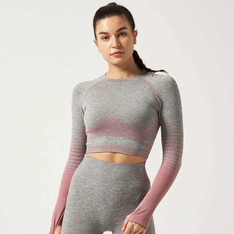 European And American Yoga Top Ladies Long-Sleeved Gradient Color Fitness T-Shirt Plus Size Yoga Wear - Bellarte Enchanté European And American Yoga Top Ladies Long-Sleeved Gradient Color Fitness T-Shirt Plus Size Yoga Wear