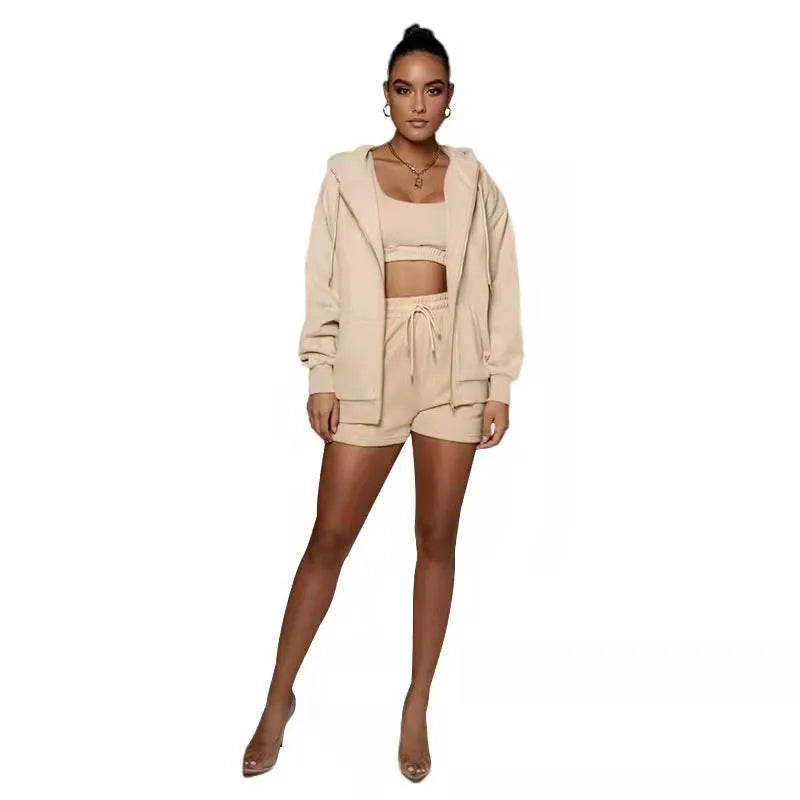Fashion Casual Solid Color Cardigan Shorts Women's Two-piece Suit - Bellarte Enchanté Fashion Casual Solid Color Cardigan Shorts Women's Two-piece Suit