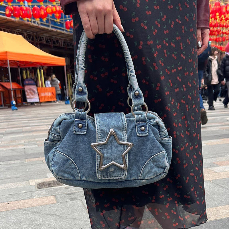 Fashion Retro Metal Five-pointed Star Decoration Denim Handbag For Women - Bellarte Enchanté Fashion Retro Metal Five-pointed Star Decoration Denim Handbag For Women