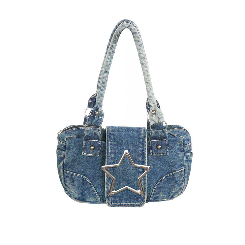 Fashion Retro Metal Five-pointed Star Decoration Denim Handbag For Women - Bellarte Enchanté Fashion Retro Metal Five-pointed Star Decoration Denim Handbag For Women