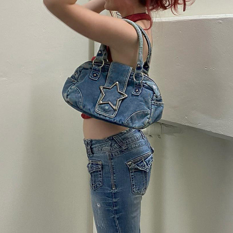 Fashion Retro Metal Five-pointed Star Decoration Denim Handbag For Women - Bellarte Enchanté Fashion Retro Metal Five-pointed Star Decoration Denim Handbag For Women