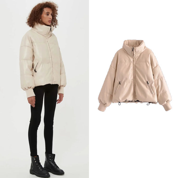 Fashion Urban Casual Solid Color Simple PU Cotton Jacket Women's Small Stand-up Collar - Bellarte Enchanté Fashion Urban Casual Solid Color Simple PU Cotton Jacket Women's Small Stand-up Collar