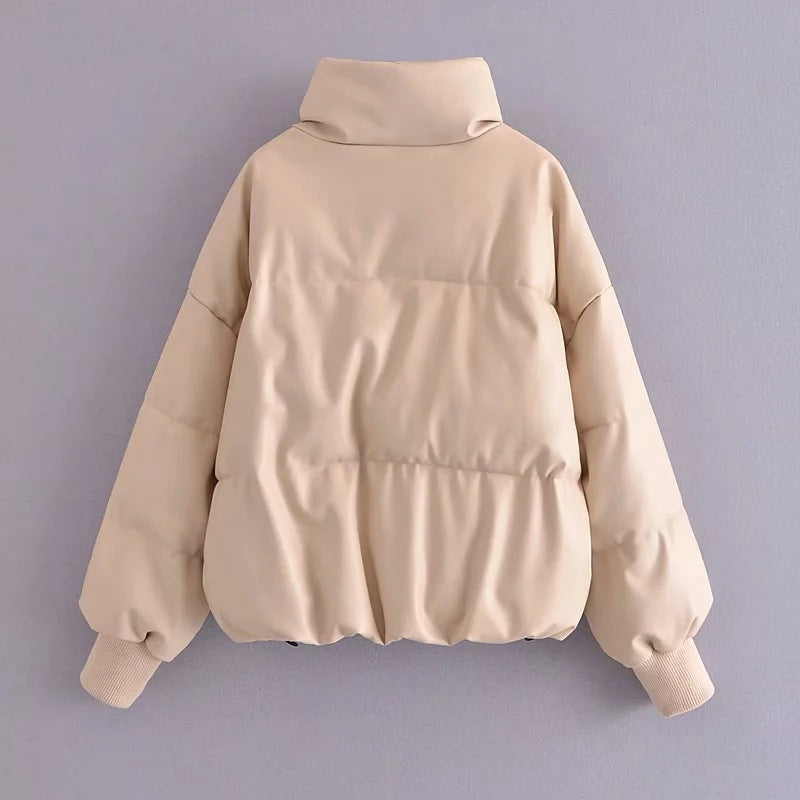 Fashion Urban Casual Solid Color Simple PU Cotton Jacket Women's Small Stand-up Collar - Bellarte Enchanté Fashion Urban Casual Solid Color Simple PU Cotton Jacket Women's Small Stand-up Collar