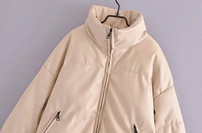 Fashion Urban Casual Solid Color Simple PU Cotton Jacket Women's Small Stand-up Collar - Bellarte Enchanté Fashion Urban Casual Solid Color Simple PU Cotton Jacket Women's Small Stand-up Collar