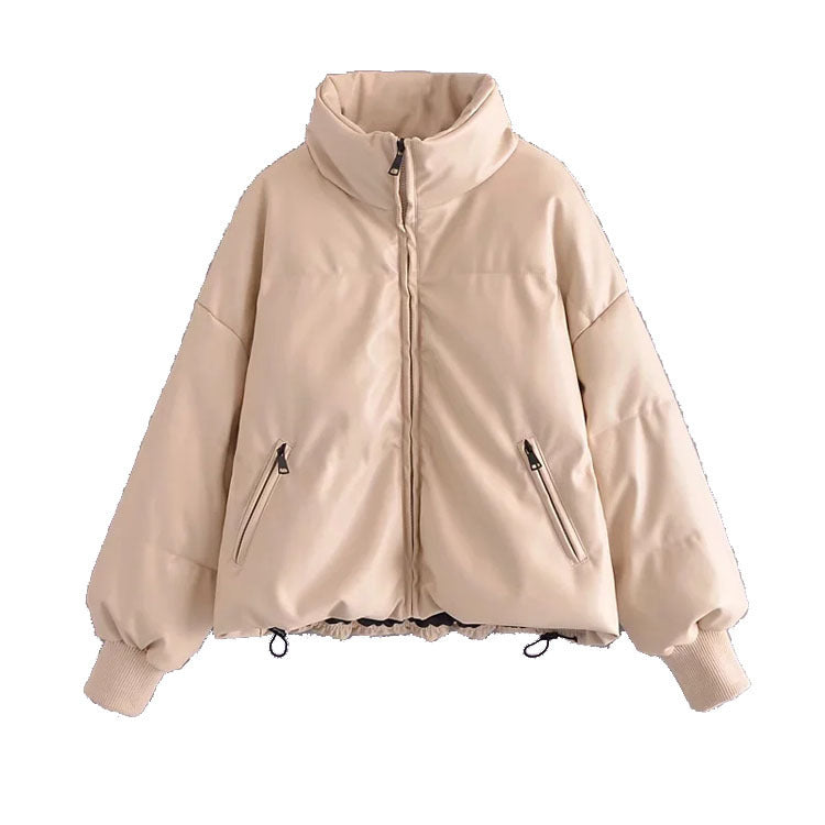 Fashion Urban Casual Solid Color Simple PU Cotton Jacket Women's Small Stand-up Collar - Bellarte Enchanté Fashion Urban Casual Solid Color Simple PU Cotton Jacket Women's Small Stand-up Collar