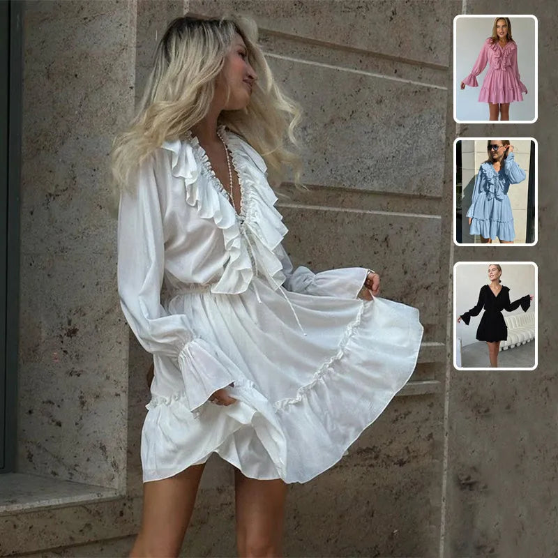 Fashion V Neck Pleated Ruffle Long Sleeve Dress - Bellarte Enchanté Fashion V Neck Pleated Ruffle Long Sleeve Dress