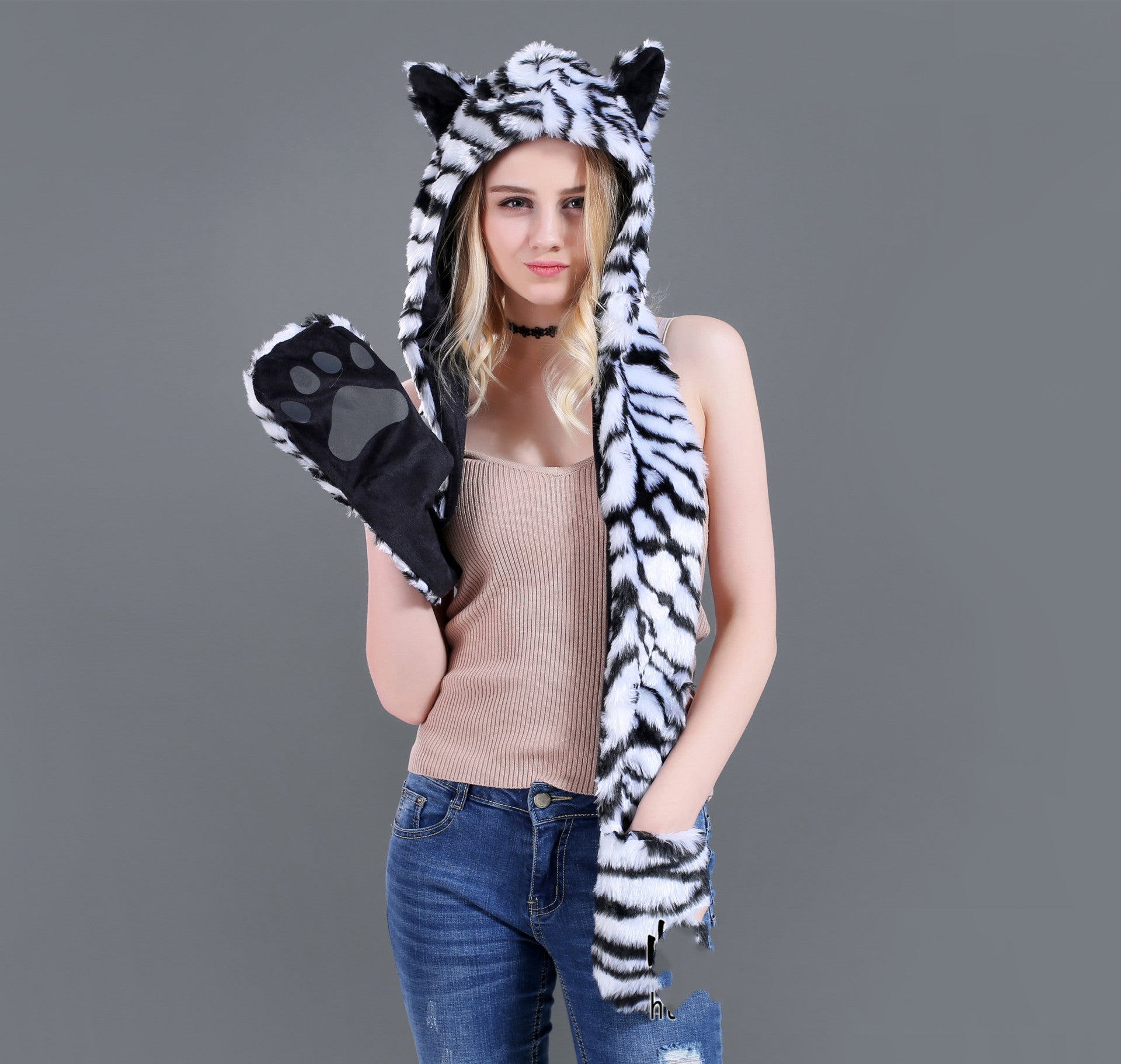 Faux Fur Straw Cartoon Animal Hat Scarf Gloves One - Bellarte Enchanté Faux Fur Straw Cartoon Animal Hat Scarf Gloves One