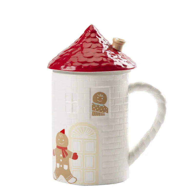 Gingerbread Man Red House Water Cup House Cottage Mug Coffee Cup With Lid - Bellarte Enchanté Gingerbread Man Red House Water Cup House Cottage Mug Coffee Cup With Lid