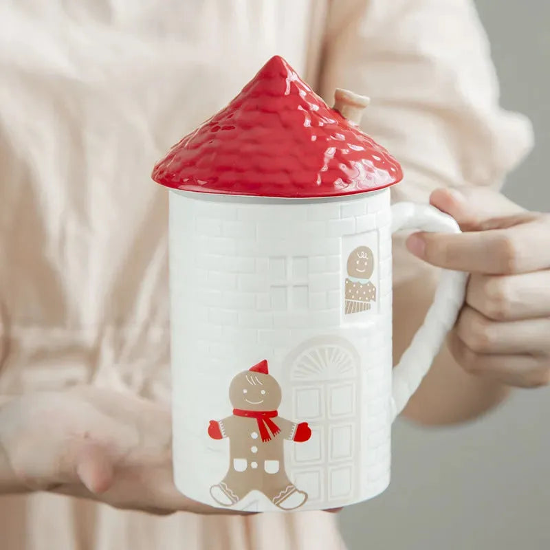 Gingerbread Man Red House Water Cup House Cottage Mug Coffee Cup With Lid - Bellarte Enchanté Gingerbread Man Red House Water Cup House Cottage Mug Coffee Cup With Lid